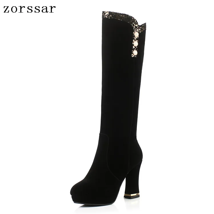 

{Zorssar} Fashion Thigh High Boots For Women Flock Leather Thick High heels Platform Knee High Boots Winter Fur Women Snow Boots