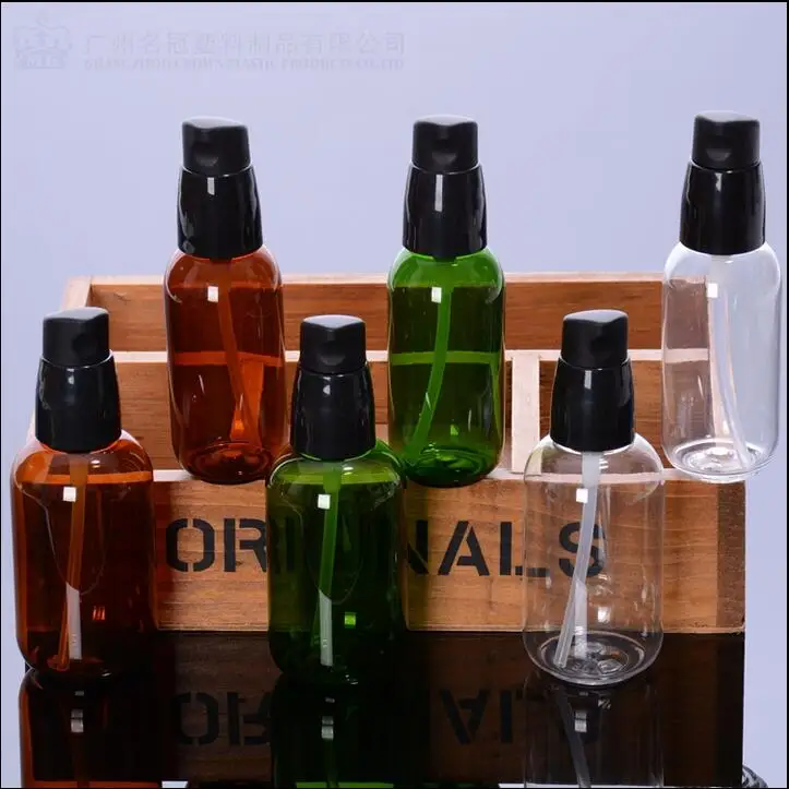 

Free Shipping 100ml Green Brown Clear Plastic Pump Bottles Shanpoo Cream Cosmetic Emulsion Small Sample Empty Containers