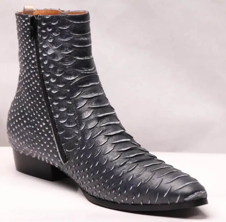 

New Arrival men leather boots snakeskin print Leather ankle boots high top zip men boots Chelsea boots