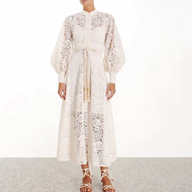 

Australia Designer Brand Dress for Women Sexy Hollow Out Crocheted Stand Collar Lantern Long Sleeve Lace Long Dress Tassel Belt