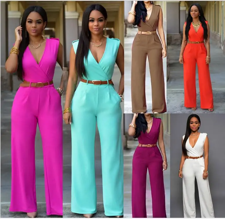 

2016 New Fashion Sexy Jumpsuits Ladies Loose Slim Casual Party Overalls Women Sleeveless Night Club Rompers With belt