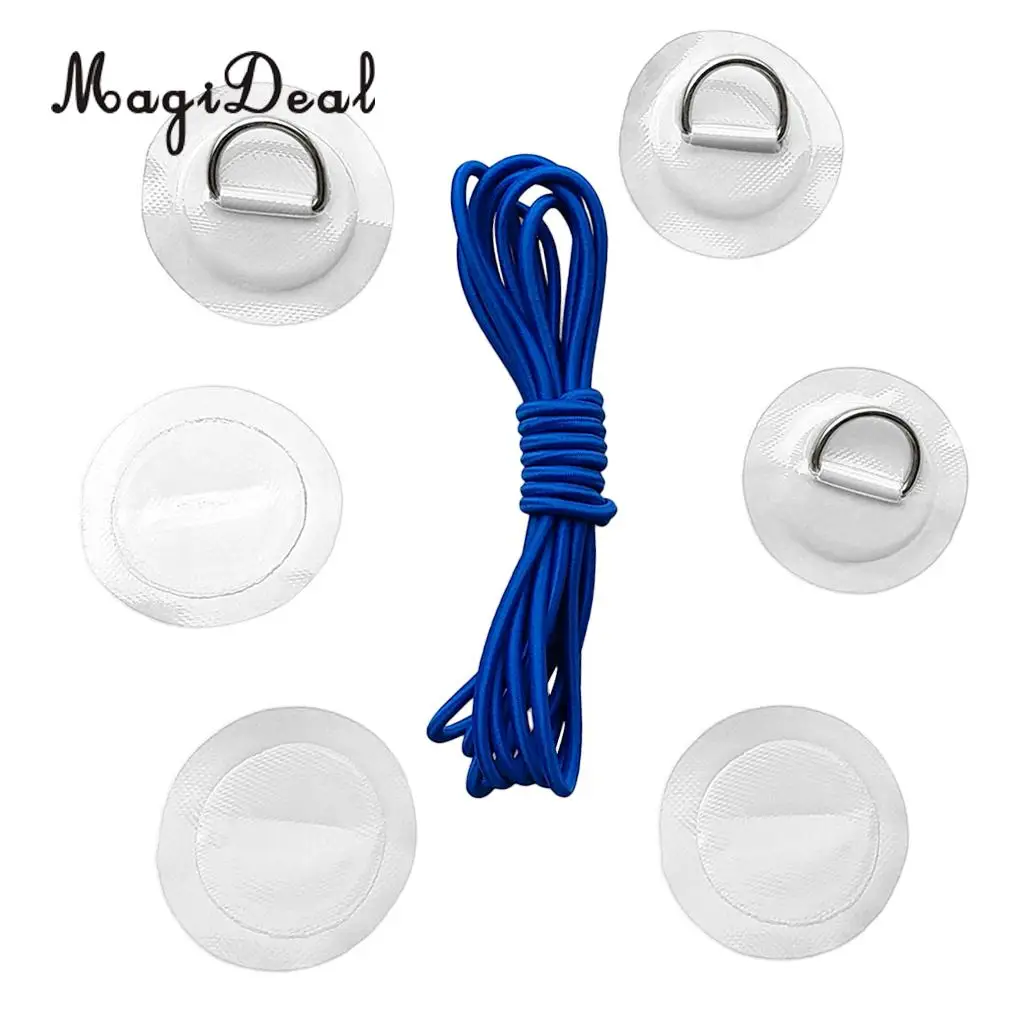 Pack 6 Stainless Steel D-Ring Patch/Pad & 5mm x 5m Elastic Shock Cord Rope for PVC Inflatable Boat Kayak Raft Dinghy - 6 Colors