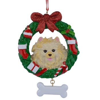 

Pomeranian Wreath Resin Crafts Shiny Christmas Ornaments Hand Painted Easily Personalized as for Pug Owners gifts or home decor