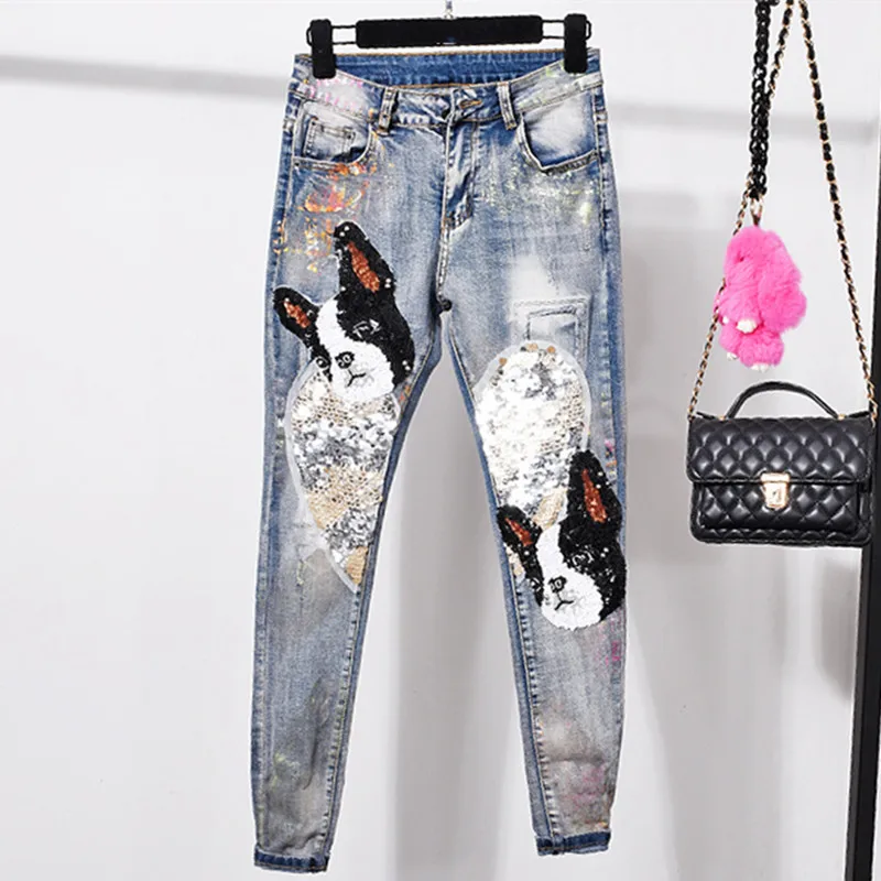 

Women Jeans Pants Sequined Patchwork Skinny Jeans Autumn Blue Jeans For Women Casual Slim Denim Pants Stretch Ladies Jeans