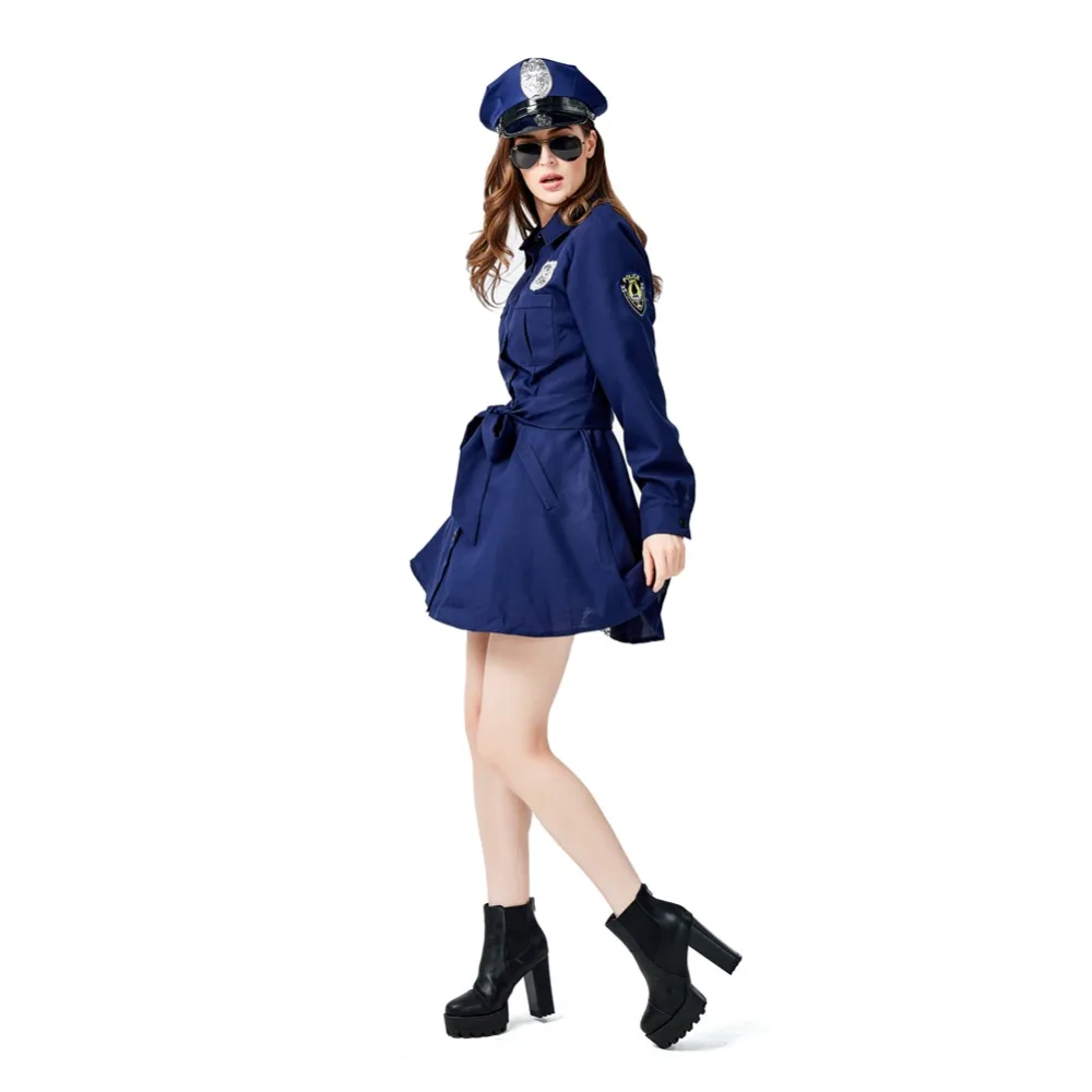 Взрослый женский полицейский костюм платье для Хэллоуина полицейский женский косплей темно-синий длинный рукав платье женское нарядное платье униформа наряд