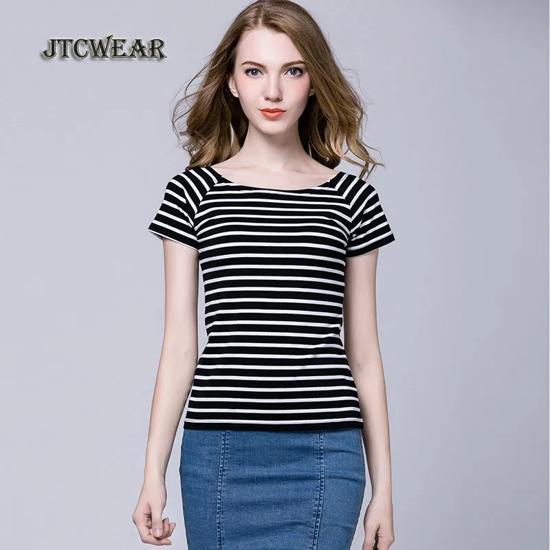 JTCWEAR натуральный хлопок в полоску женские короткий рукав футболки с вырезом