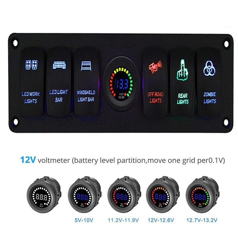 

6 Gang Marine Car Toggle Rocker Switch Panel 12V Waterproof LED for RV Car Boat Vehicle Trailer SUV Colorful Voltmeter 12V