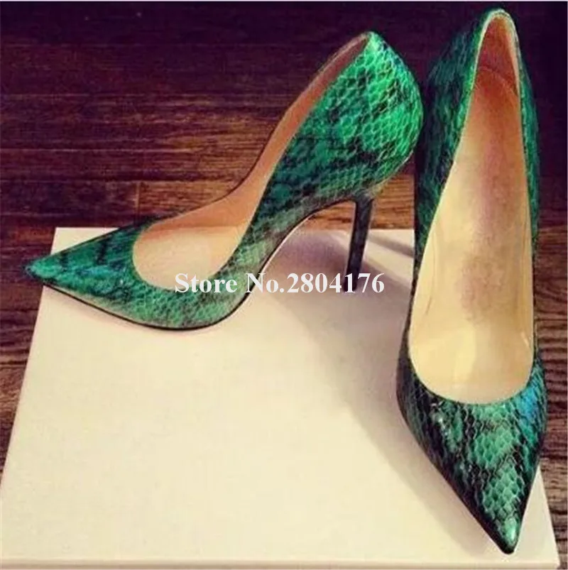 

Brand Style Women Fashion Pointed Toe Green Snake Leather Thin Heel Pumps Classical Style High Heels Party Dress Shoes