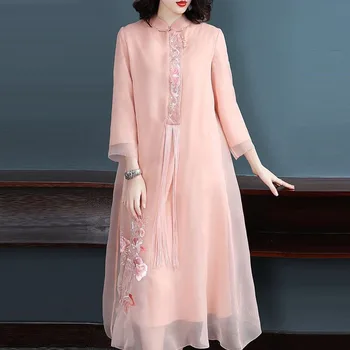 

Spring Fall Ladies Womens Mandarin Collar 3/4 Sleeve Embroidery Loose 4xl Dress , 2018 Autumn Women Chinese Style Tassel Dresses