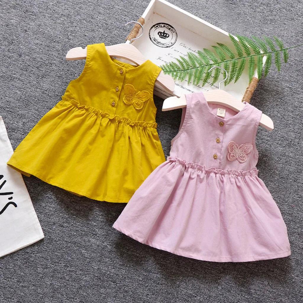Toddler Kids Baby Girl Dress Cotton Linen Solid Long Sleeve Button Ruffle Princess Clothes | Детская одежда и обувь