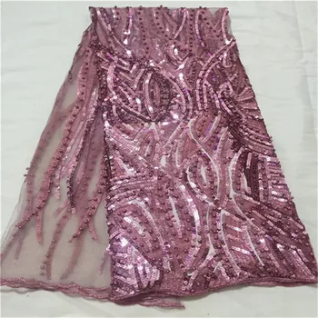 

New Design African Lace Fabric 2019 High Quality Beaded Lace Fabric with 5Yards Sequins Nigerian Lace Fabric For Wedding