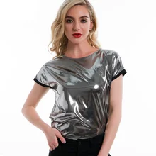 Серебристые блестящие Футболка Топ для женщин летняя футболка с короткими рукавами для ночного клуба; пикантная футболки Большие размеры стройная Повседневное Топы IOQRCJV H507