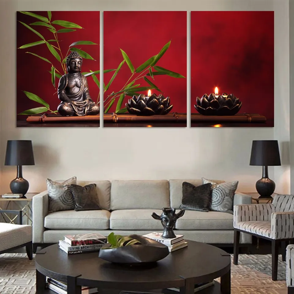 Living Room Wall Art Paintings Modular Pictures 3 Panel Black Buddha And Candle Home Decor Framework HD Printed Modern Canvas