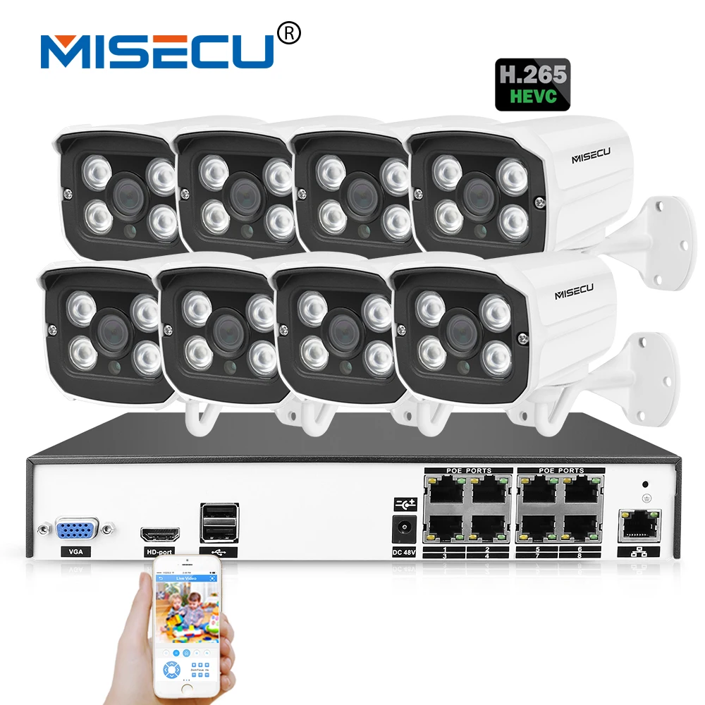 

MISECU 4K H.265/H.264 48V 8CH POE 2.0MP/3.0MP/4.0MP Hi3516D P2P POE plug-play HDMI Metal Array Night Vision Motion System