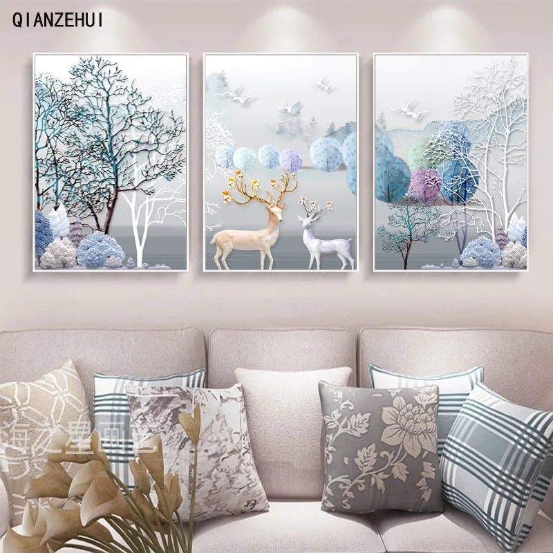 

QIANZEHUI DIY Diamond Embroidery,Round Diamond Triptych Elk Landscape Full rhinestone Diamond painting cross stitch,needlework