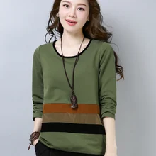 Футболка из хлопка женская с длинным рукавом осень мода цветовой контраст футболка в полоску три цвета одежда для женщин большого размера новинки осень