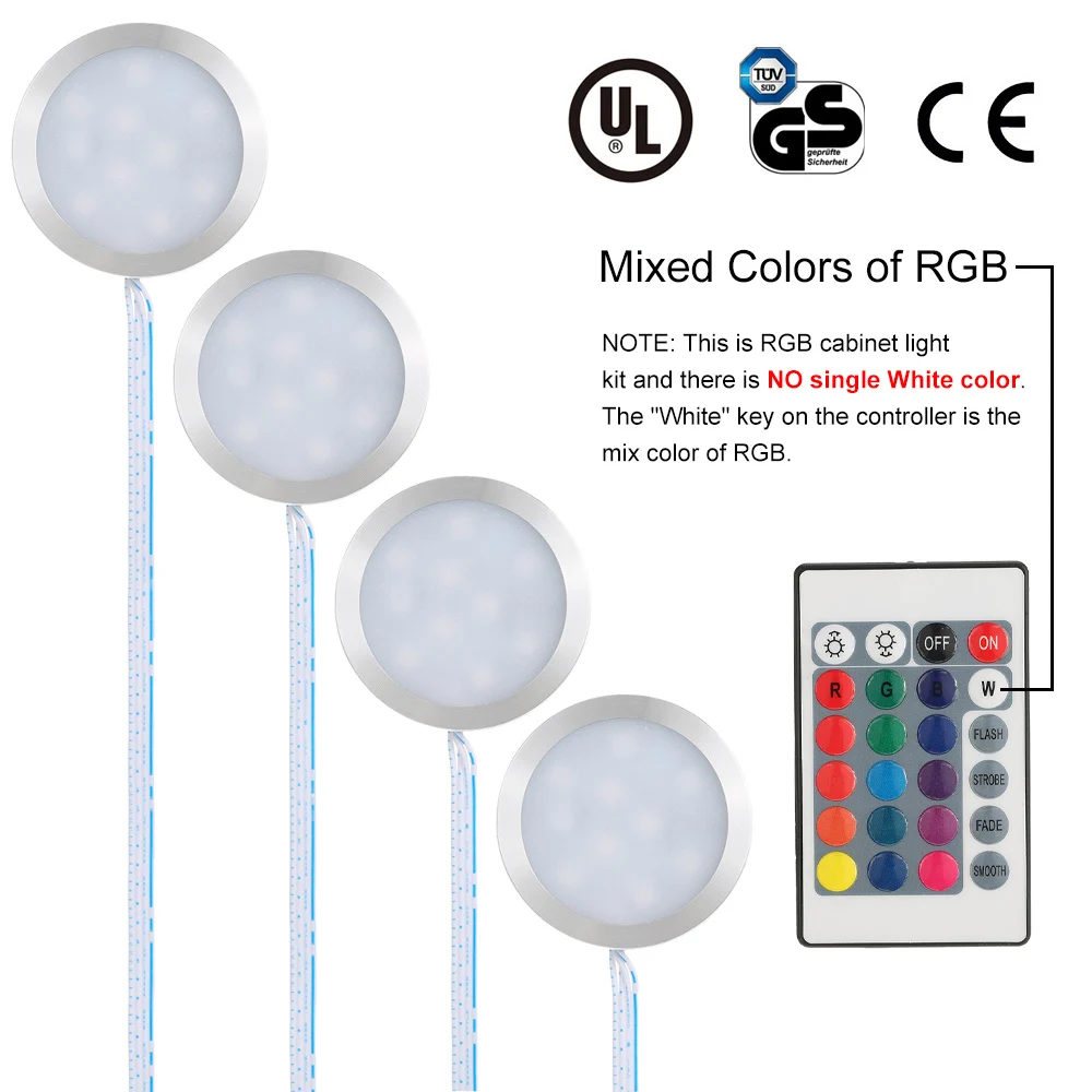  Tomshine LED Light Set of 4 Under Cabinet RGB Light Kit 9LEDs Puck Lamp IR Remote Control Multi-col - 4000004029617