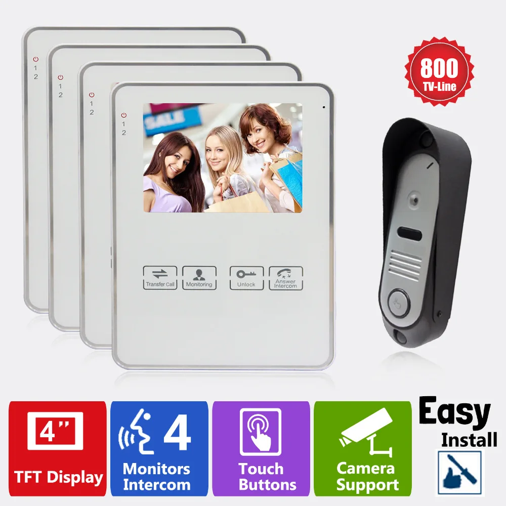 Homefong Video Door Phone Doorbell Intercom 4 monitors and 1 Outdoor station White Intercom 800tvl HD view