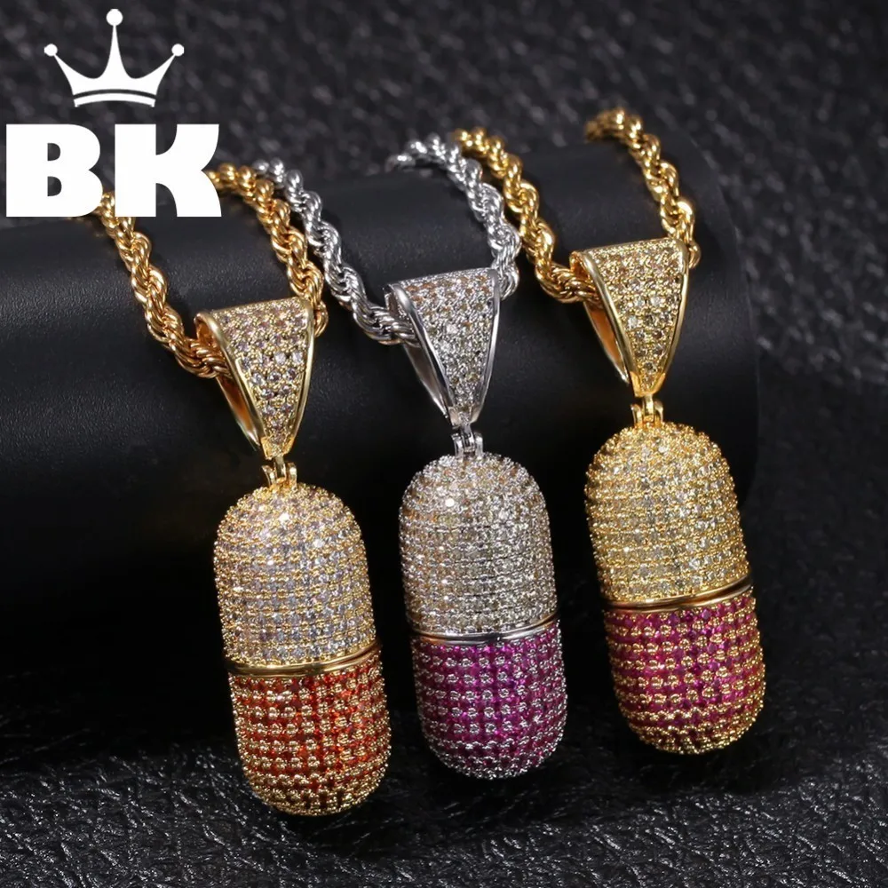 

THE BLING KING Custom A pill that can be opened Necklace Hip Hop Full Iced Out Cubic Zirconia gold sliver CZ Stone