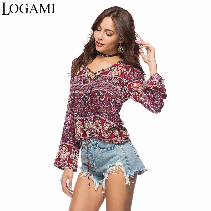 

LOGAMI Long Sleeve Retro Floral Sexy Top Women Chiffon Shirt Woman Boho Print Blouses Summer Spring Blusas Mujer