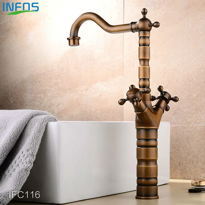 INFOS Vintage Wash Basin Tall Faucet Brass Bathroom Sink Mixer Tap Single Hole Dual Handles Deck Mounted IFC116