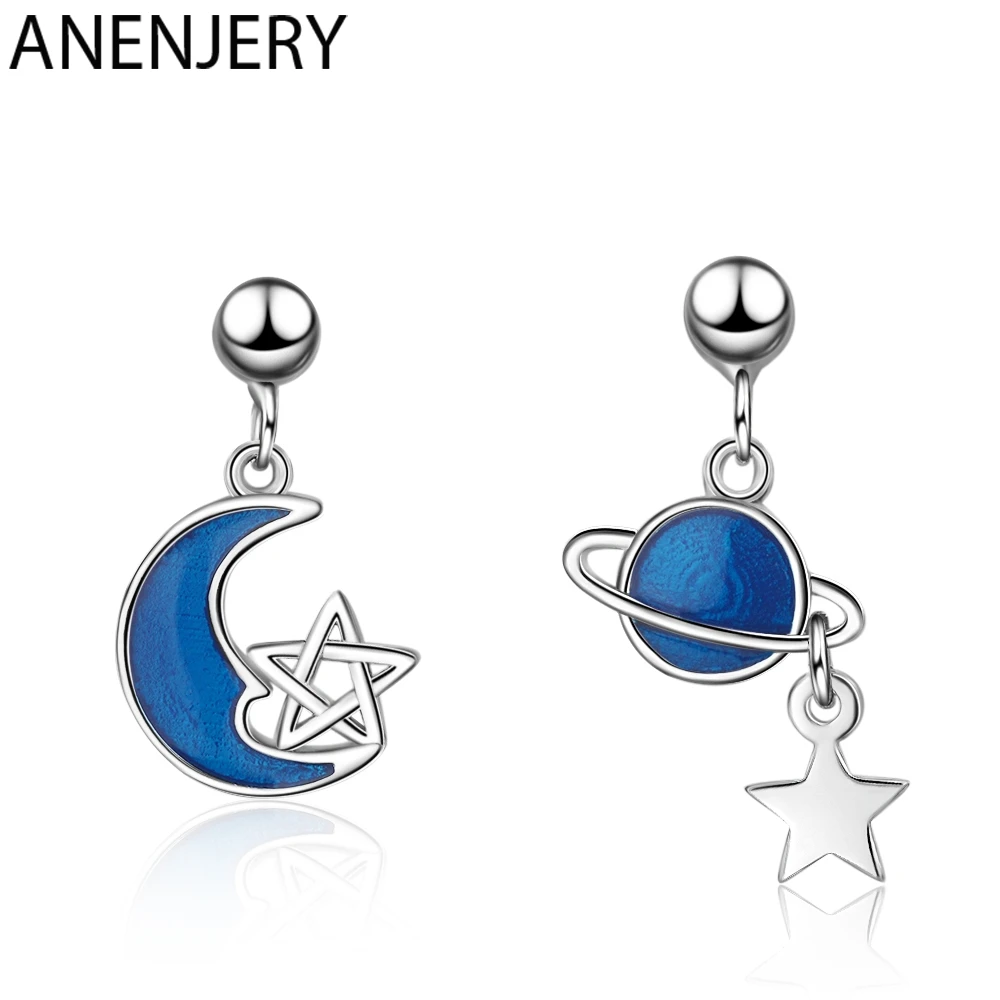 Женские серебряные сережки-гвоздики ANENJERY 925 пробы Серьги-гвоздики с синими