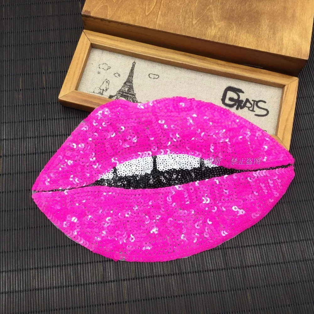 Two pcs lip sequined patch Paillette mouth embroidered applique Coat or