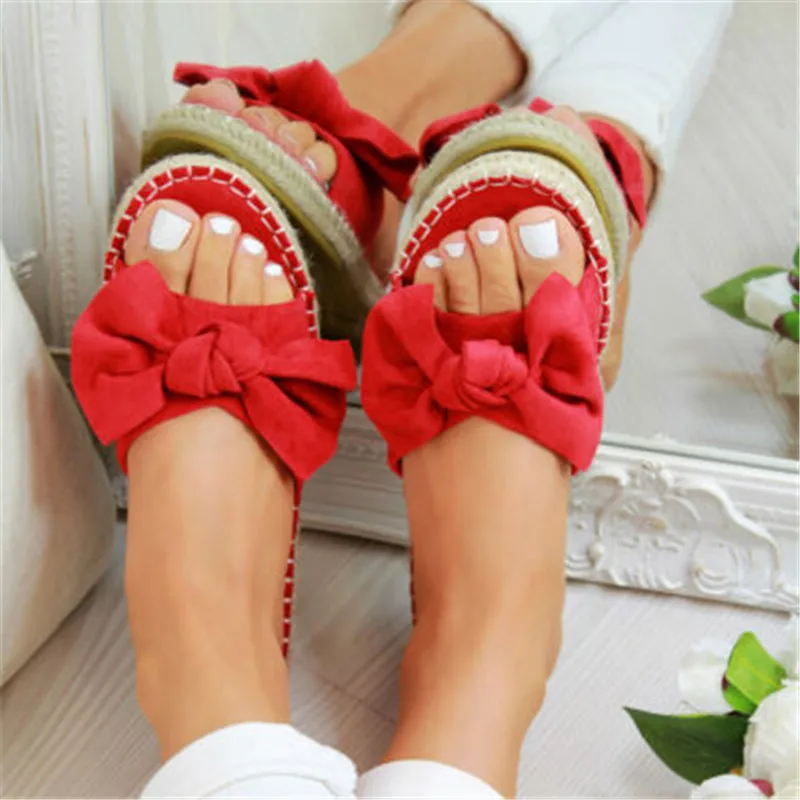 

Adisputent New Terlik Womans Slip On Sandals Bow Flat Mule Hemp Linen Summer Sliders Espadrille Shoes Sizes chanclas de mujer