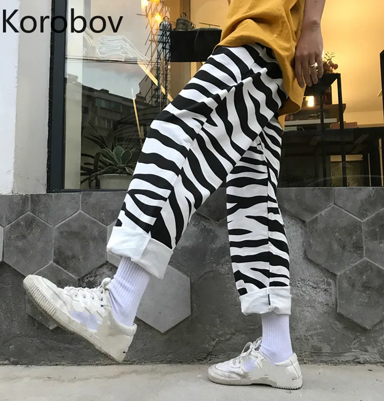 

Korobov Korean Streetwear Women Pants Harajuku Vintage Zebra Pattern Trousers Women High Waist Wide Leg Joggers Pants 77915