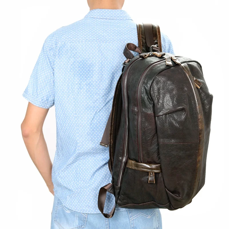 

Mens Genuine Cowhide Leather Daily School Travel Backpacks Bags 2018 Man 17" Laptop Korea Book Computer Leather Backpack Bag