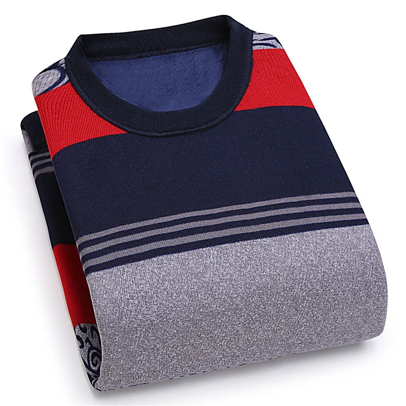 Новое поступление зимние стиль мужчины бутик теплый свитер Мода Повседневная О-образным вырезом полосатый трикотаж с бархатом свитера Размер L-3XL - Цвет: M33-2