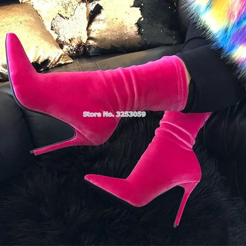 

ALMUDENA Women Pink Velvet Stiletto Heels Mid-calf Boots Luxury Thin High Heel Pointed Toe Dress Shoes New Year Dress Pumps