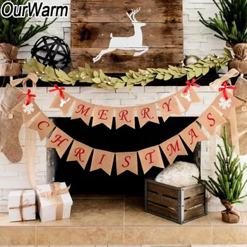 

OurWarm Merry Christmas Jute Burlap Banners New Year Decoration For Home Natural Xmas Hanging Flags Garland Rustic Flag 14*16cm
