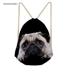 TWOHEARTSGIRL черный школьный милый щенок мопса шнурок для подростков мальчиков и девочек Для женщин Drawstring Рюкзак Большой Ёмкость