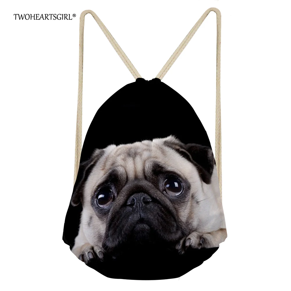 

TWOHEARTSGIRL Black Schoolbag Cute Puppy Pug Dog Drawstring Bag for Teenager Boys Girls Women Drawstring Backpack Large Capacity
