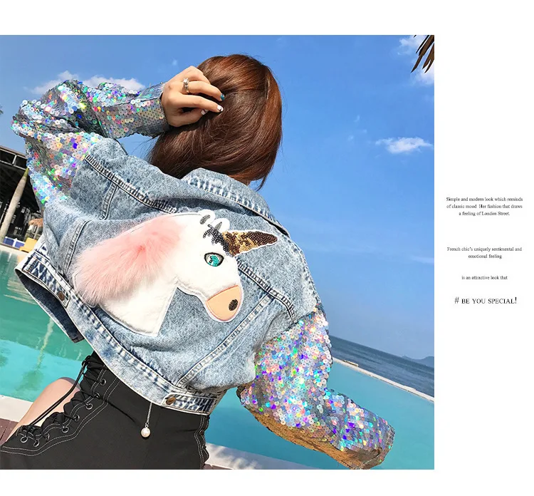 Autumn Jacket Paillette Embroidery Hong Kong Cowboy Loose Coat Tide Woman Harajuku Chaqueta Mujer Streetwear Jean Jackets