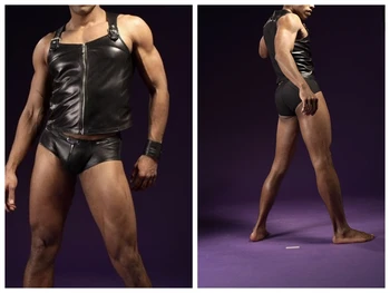 

2017Men's Tight Sexy Men Vest Mens Underwear Briefs Men's Gay Underwear New leather vest And underwear Set Of Mens Briefs