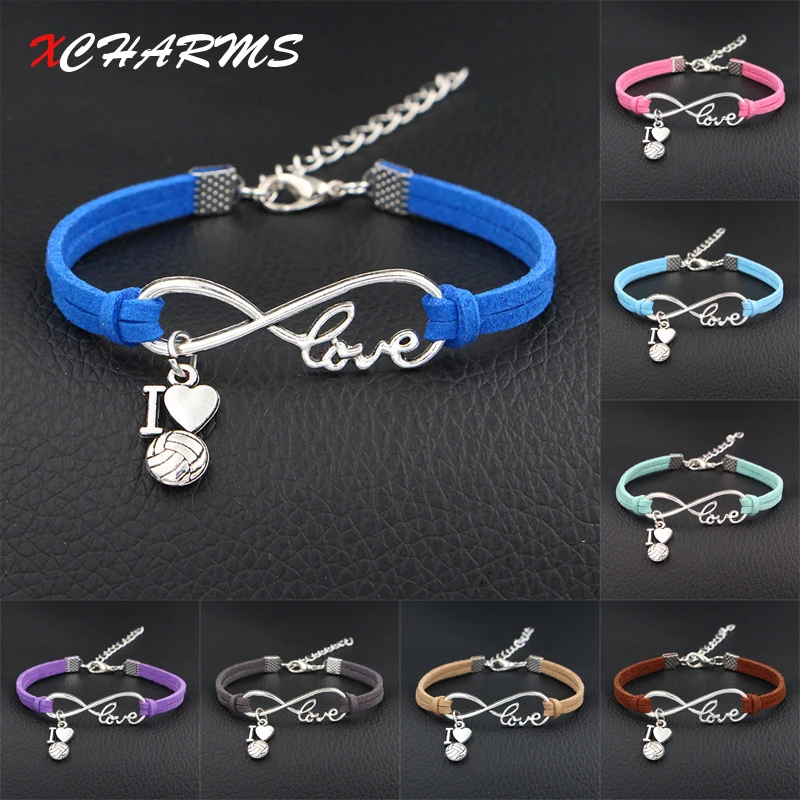 

2018 New Arrival I Love Volleyball Charms Bracelet Antique Silver Infinity Love Leather Bracelets For Women Fashion Jewelry