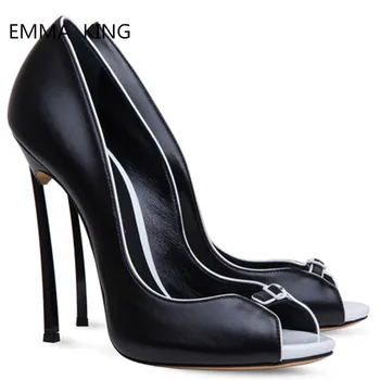 

New Peep Toe Shallow Pumps Zapatillas Mujer Metal Strange Heels Women's Single Shoes Leather High Heels Party Shoes Woman