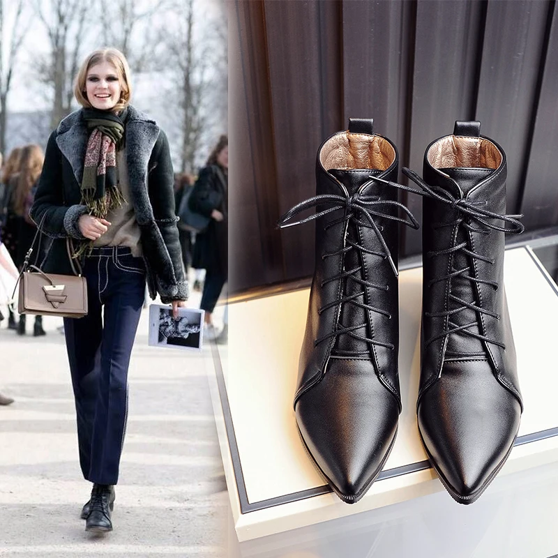 

2019 Autumn Chelsea Boots Women Black Shoes Lace Up Hoof Heel Winter Fashion Pointed Toe New Ankle Boots Women Plus Size 34-48