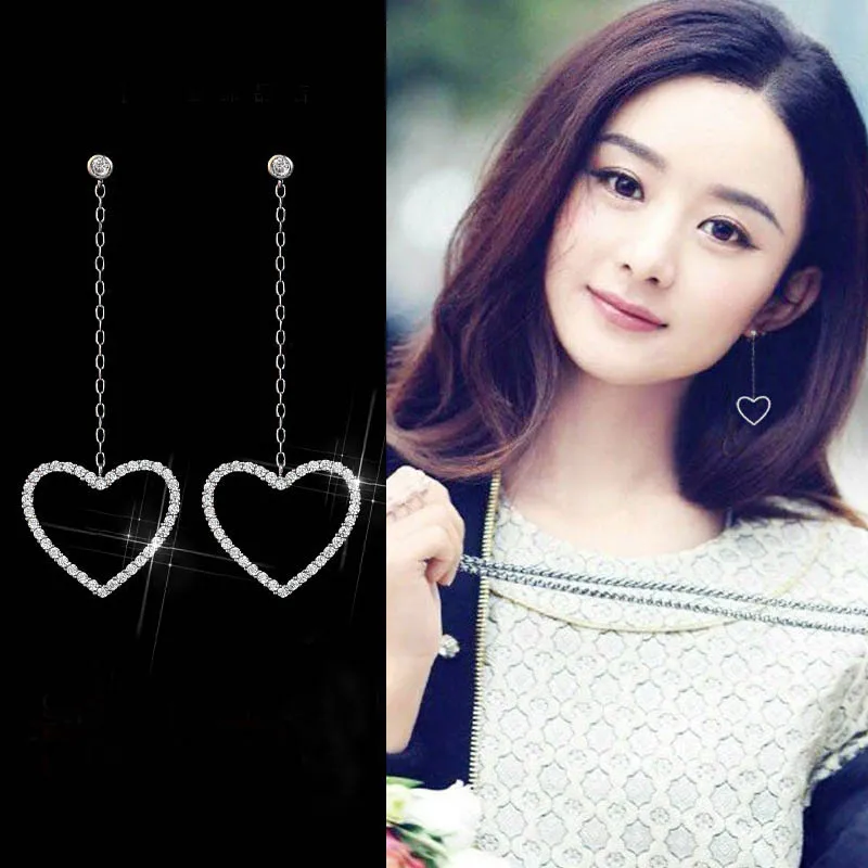 

2017 Fashion Silver Long Chain Stud Earrings With Crystal Heart 925 Sterling Silver Earrings Jewelry Pendientes Brincos