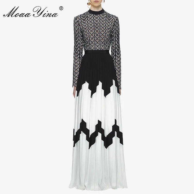 MoaaYina Fashion Designer Runway Dress Summer Women Long sleeve Stand collar Hollow out Patchwork Split Casual Ruched Maxi Dress MoaaYina Fashion Designer Runway Dress Summer Women Long sleeve Stand collar Hollow out Patchwork Split Casual Ruched Maxi Dress