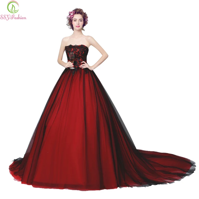 Luxury Lace Evening Dress 2017 Ssyfashion Wine Red Strapless Luxury Lace Evening Dress 2017 Ssyfashion Wine Red Strapless Sleeveless Long Tail Prom Bride Banquet