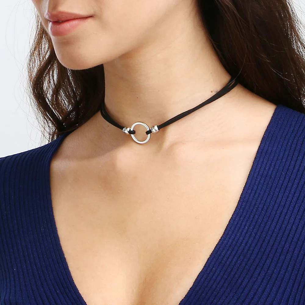 2016 New Double Black Leather Pendants Choker Necklace For Woman Circle Gold Color Silver Color