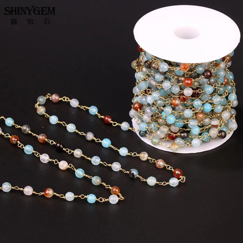 

ShinyGem Gold Plating Rainbow Natural Stone Bead Chain 6mm Faceted Round Colorful Crystal Agates Chain For Jewelry Making 5M/Lot
