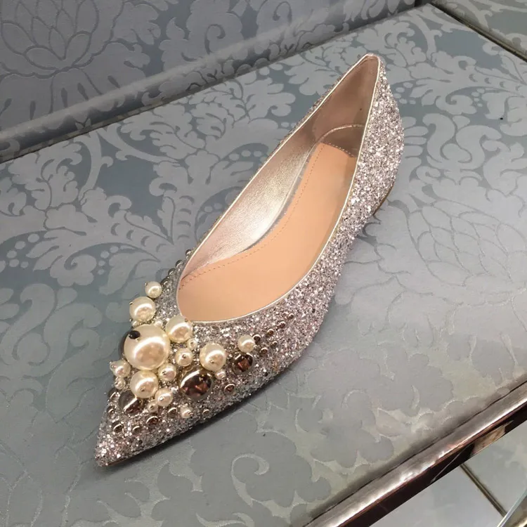 

Kmeioo Bling Wedding Shoes Sequined Bota Shoes Woman Pointed Toe Flats Pearl Flat Shoes Women Evening Prom Shoes Footwear