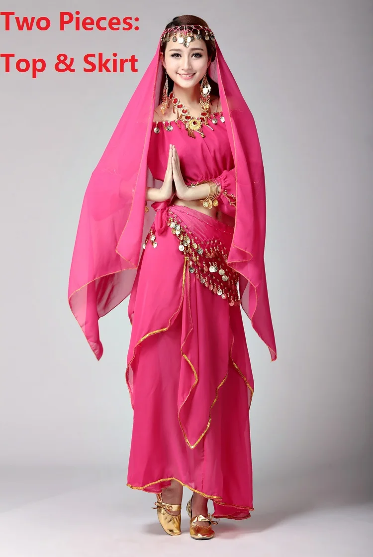 Набор костюма для танца живота танец живота Профессиональный Болливуд костюмы женские юбки размера плюс взрослые индийские платья для танцев s - Цвет: hotpink2pcs