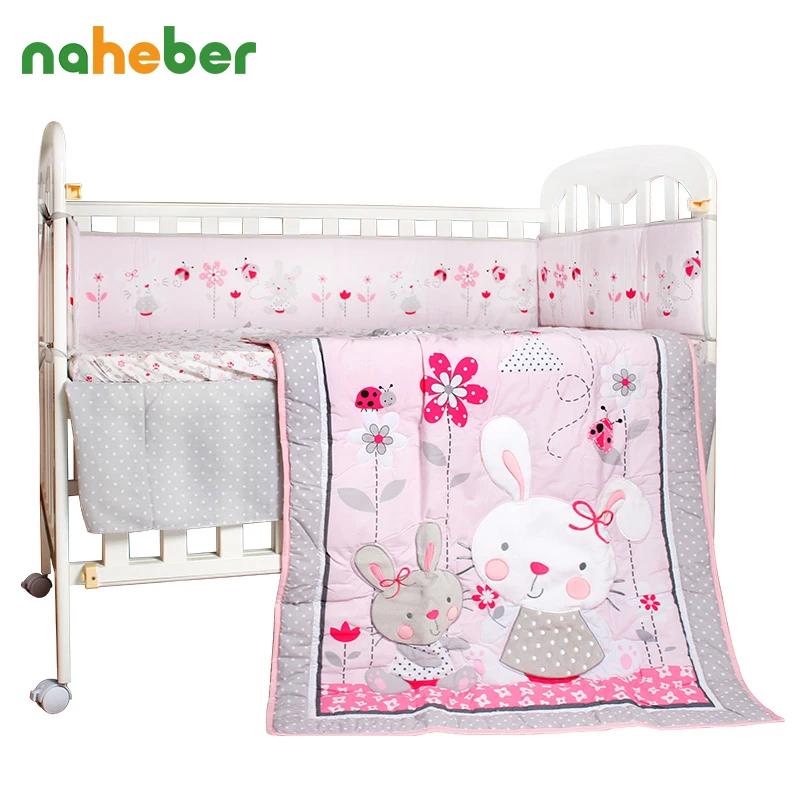 8Pcs Baby Bedding Set Pink Cartoon Rabbit Newborn Cotton Crib Bedding Bumpers/Quilt/Fitted Sheet/Bed Skirt/Blanket for Cot Bed