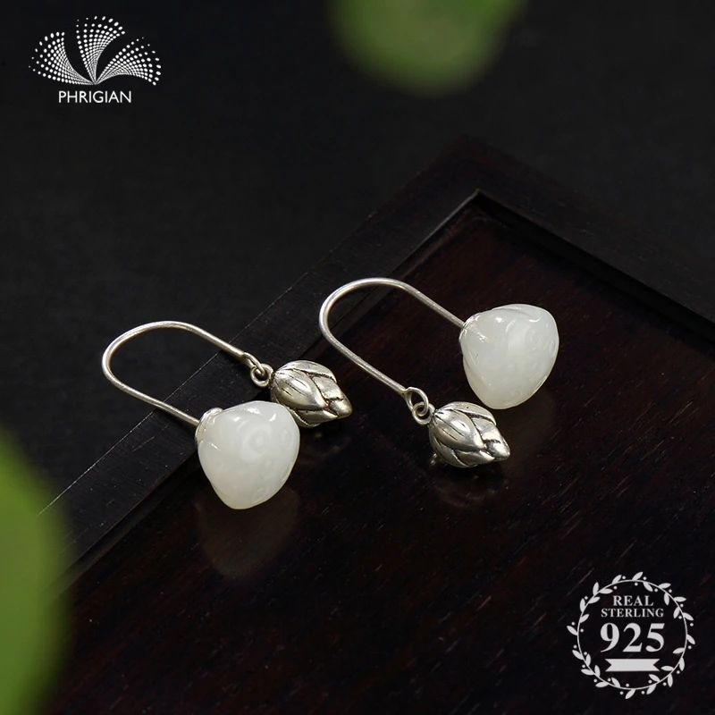 

NOT FAKE S925 Fine Jewelry Earrings 100% Sterling Silver Women Handmade Vintage Natural Retro Exquisite 925 Gemstone lily lotus