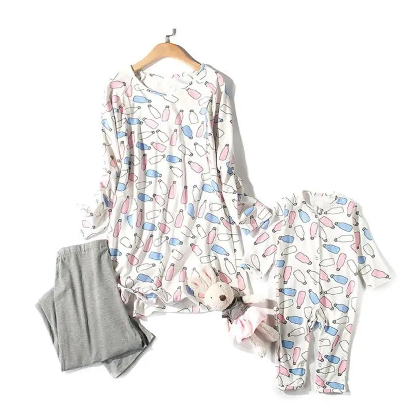 

1set pregnant women lactation clothes with Baby crawling suit breastfeeding cotton coat trousers and baby climbing suit W3